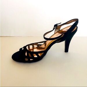 Black strappy caged dressy high heels sandals shoes fancy gold insole Size 10M